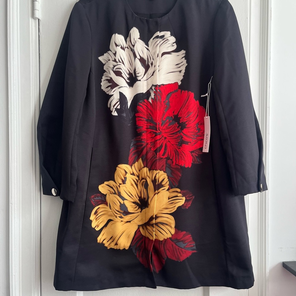 Chico’s Gray Long Blazer with Red, Yellow, White Floral Accents.